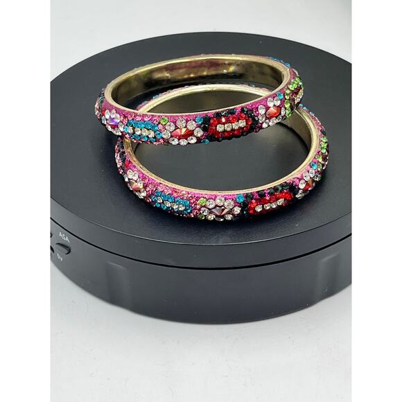 Deepa Gurnani Thin Pink Colorful Multicolored Rhinestone Bangle Bracelet Set - Picture 2 of 8